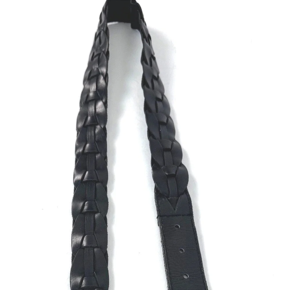 Retro Woven Black Real Leather Belt Mens 34 Preppy Dark Academia